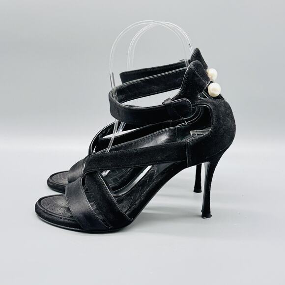 Nicholas Kirkwood Sandals Womens 5.5 Black Suede Heel Ankle Strappy Dress Pearl - Picture 5 of 12